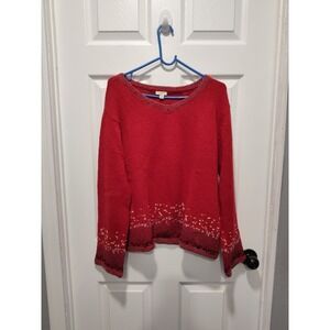 J Jill Sweater Red Gray V-Neck Embroidered Linen‎ Lambswool Mohair size Medium